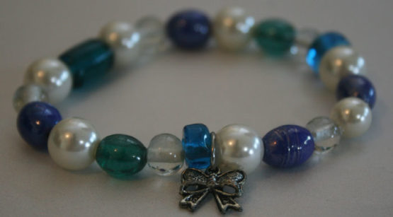 Blue, white and green beaded bracelet
