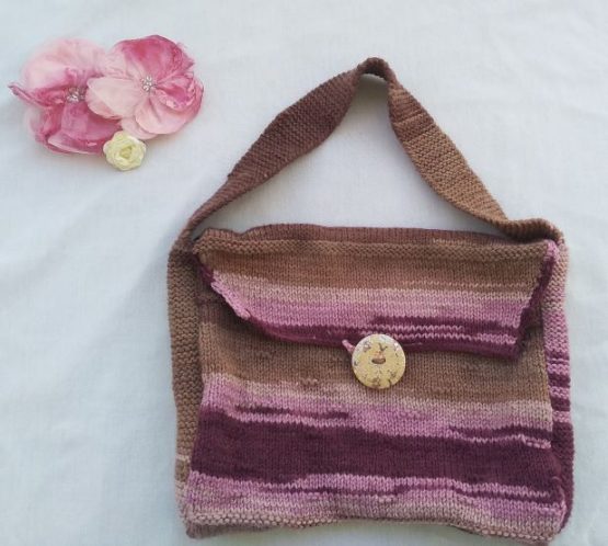 brown and burgundy hand knitted bag