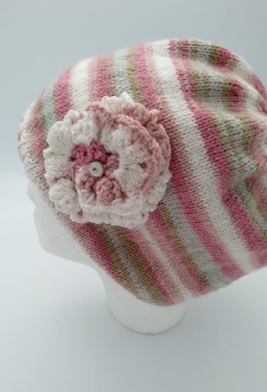 candy striped beanie with crocheted flower