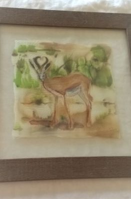 deer on silk floated in glass with wooden frame