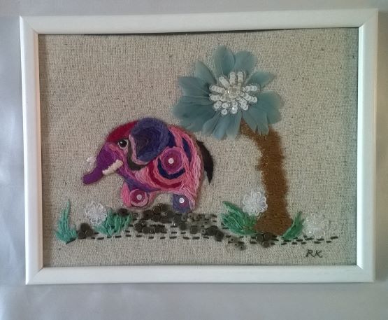 elephant embroidery, framed